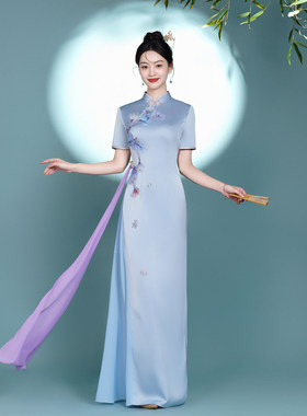 淡蓝走秀显瘦气质旗袍礼服