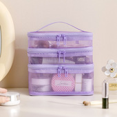 可印LOGO三层网格化妆包透气可视多彩美妆包多功能手提分层收纳包