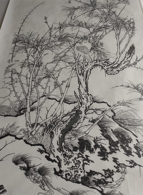 《梅竹聚禽图》微喷线稿韩国绢高清喷绘彩图45-103.4cm