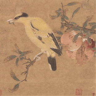 《榴枝黄鸟》临摹课材料包：彩稿、线稿、绢、框、颜料、砚台、胶