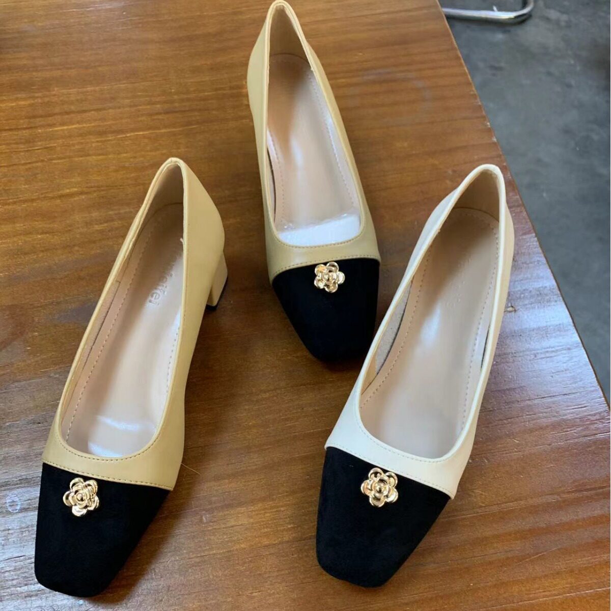 设计感小众女鞋淑女甜美气质显瘦黑白拼色小单鞋配西裤鞋子中跟鞋