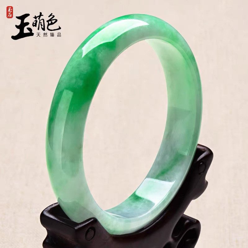 玉萌色天然翡翠手镯女款阳绿飘花翡翠平安镯60圈正品A货带证书
