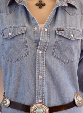 美国代购Concho◇古着1980年代绿松石艺术玻璃花边银色扣皮带腰带