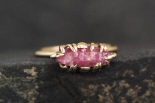 Rustic∞手作精美未加工天然红宝石水晶14K金订婚戒指 海外代购