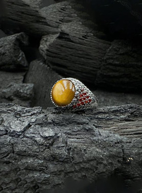 男纯银复古虎眼石锆石戒指镶嵌