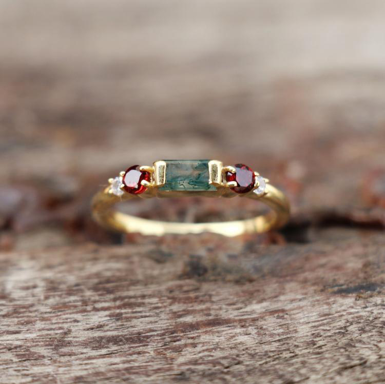 海外代购Garnet㊣ 手作华丽石榴石苔藓玛瑙托帕石纯银镀金戒指