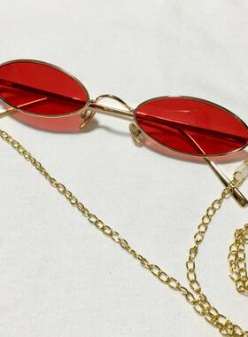 手作90年代摇滚红链椭圆太阳镜