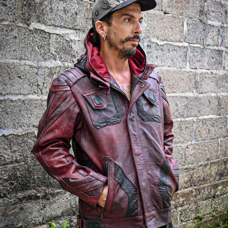海外代购Biker◇手作赛博朋克羊皮蟒蛇皮机车连帽衫冬季夹克皮衣