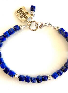 美国代购Lapis◇手作蓝色青金石印花珠子部落细银纯银手镯手链