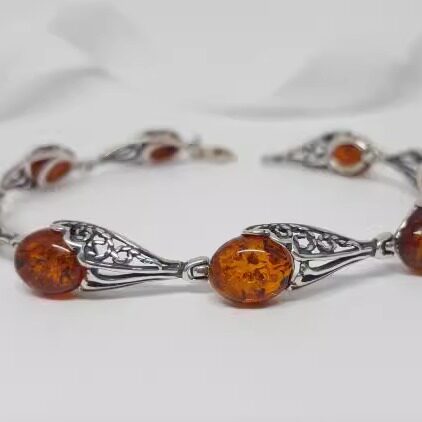 加拿大代购Bracelet㊣ 手作椭圆形波罗海琥珀镶嵌氧化纯银手链