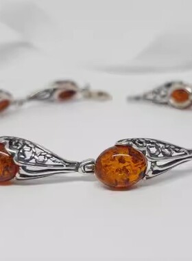 手作波罗海琥珀纯银椭圆手链