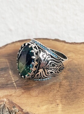 碧玺锆石宝石镶嵌纯银男士戒指