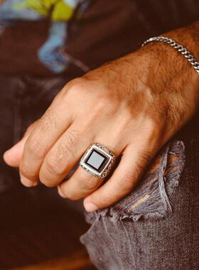 男士纯银戒指方形黑玛瑙