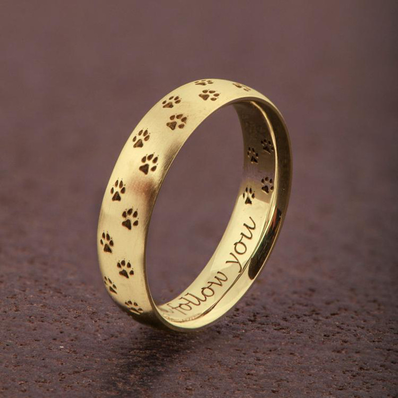 海外代购Paws◇手作精致小狗爪子定制雕刻字母指环14K黄金戒指