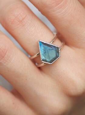 拉长石宝石双环盾牌纯银戒指复古