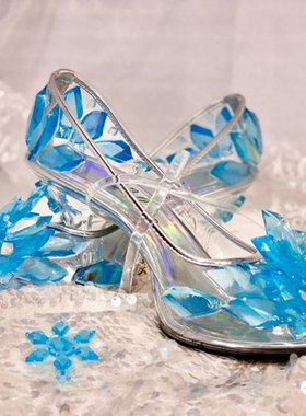 加拿大代购Crystal◇手作艾莎女王冰鞋蓝色水晶鞋雪花高跟鞋婚鞋