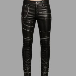 皮裤 铆钉拉链机车裤 Biker◇手作复古朋克黑色真皮修身 海外代购
