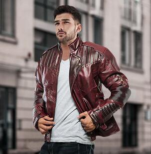 海外代购Distressed◇手作银河护卫队电影机车夹克栗色拼接皮衣