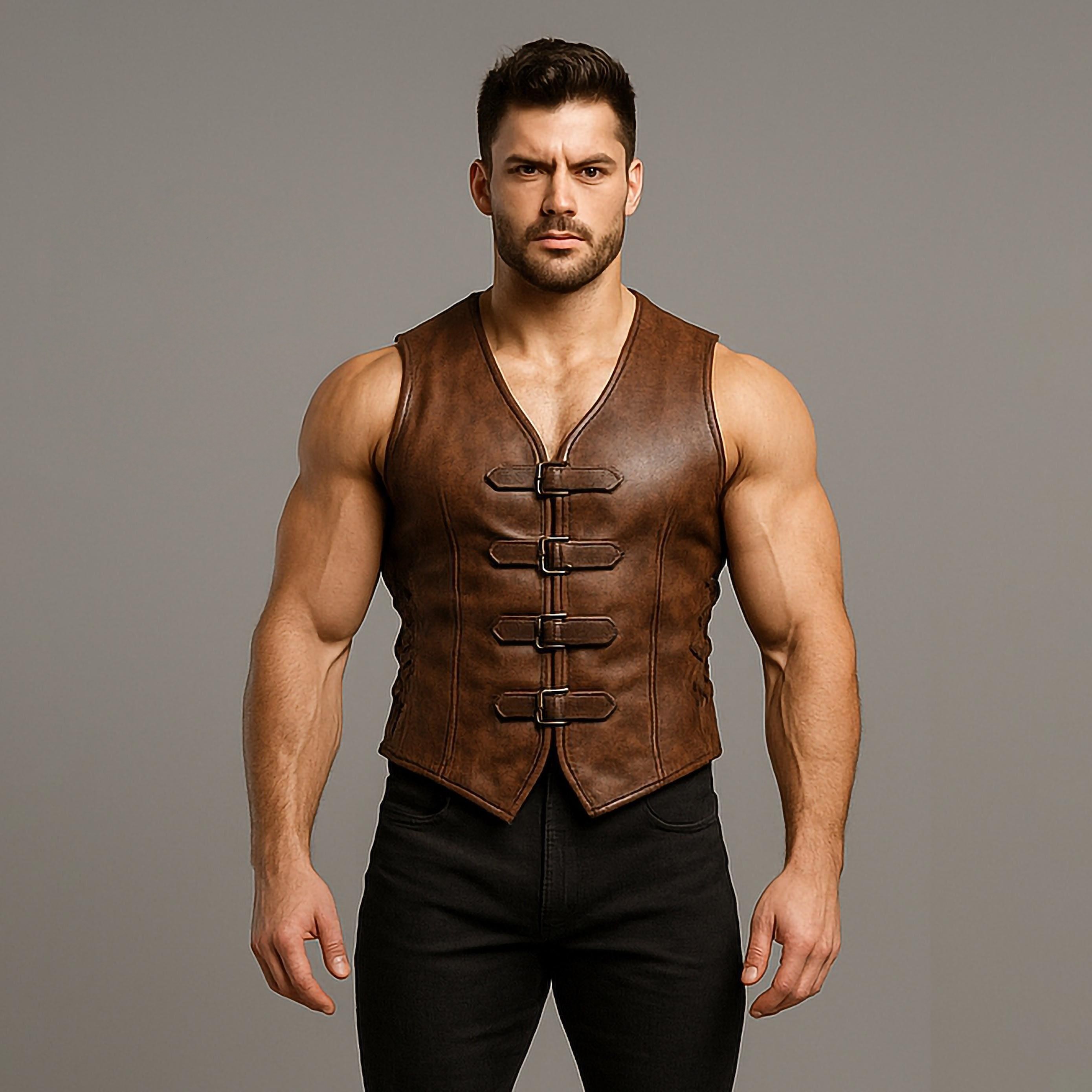 美国代购Leather◎手作复古蒸汽朋克风纽扣棕色真皮机车背心马甲