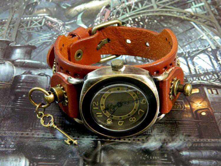 clock㊣俄罗斯代购 手作迷人仿古蒸汽朋克棕色石英手表真皮腕表