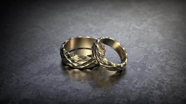 印尼代购Wedding㊣ 手作优雅华丽14K金多面几何雕刻结婚对戒戒指