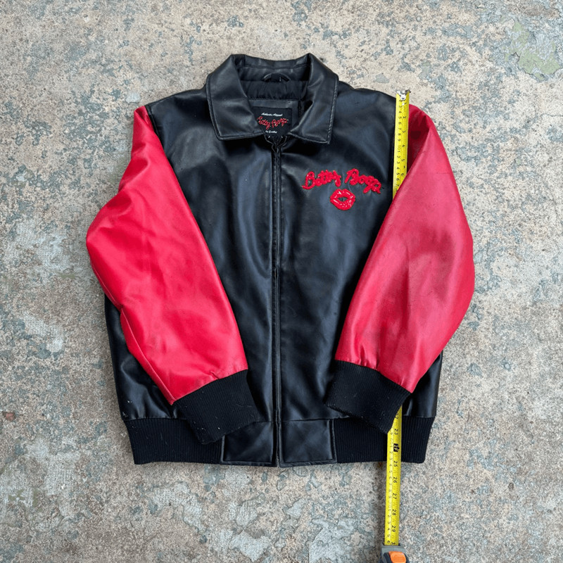 美国代购Red◇古着经典红黑拼色卡通漫画人物红唇皮革夹克皮衣