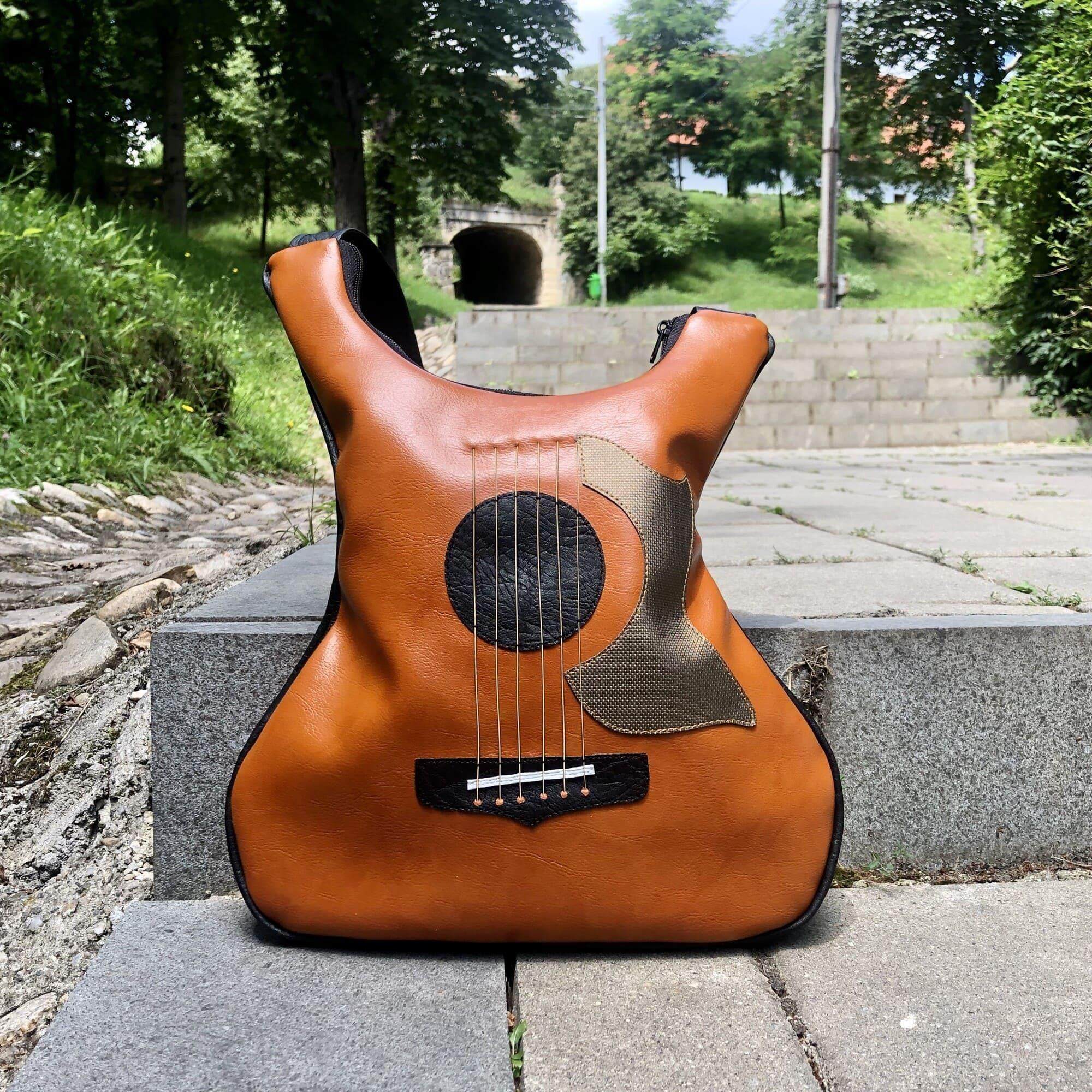 海外代购Guitar◇手作棕色皮革真正吉他弦包音乐家单肩包斜挎包