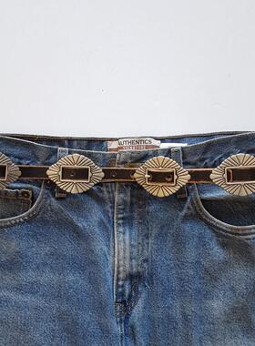 美国代购Concho◇手作复古西部牛仔纳瓦霍银色扣海螺真皮皮带腰带