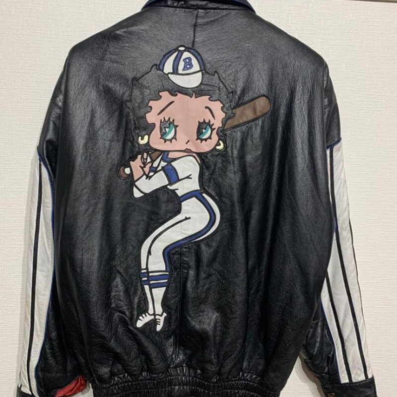 美国代购Leather◇古着黑白色皮革条纹可爱小狗卡通娃娃夹克皮衣