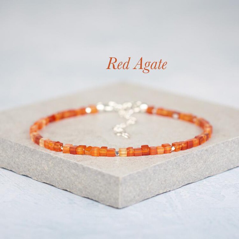 英国代购Agate◇手作精致红色玛瑙几何立方珠宝石串珠女士手链