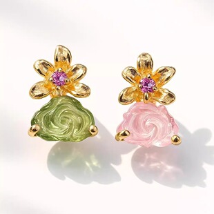 美国代购Tourmaline▽手作天然宝石雕刻玫瑰粉色绿色碧玺耳钉耳饰