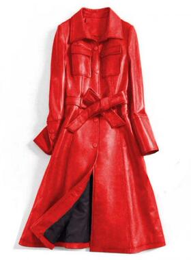 英国代购Leather ▼手作意大利经典红色腰带真皮夹克大衣长款风衣