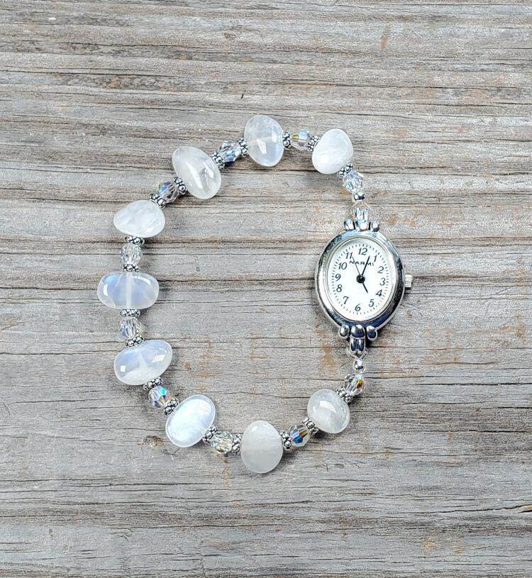 Stretchy㊣美国代购 手作美丽月光石水晶串珠手镯式弹力手表腕表