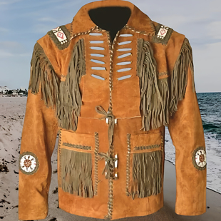 美国代购 夹克皮衣 Native◇手作美洲原住民麂皮串珠流苏牛仔男士