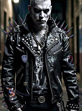 海外代购Spiked◇手作摇滚彩虹尖刺蒸汽朋克补丁真皮牛皮夹克皮衣