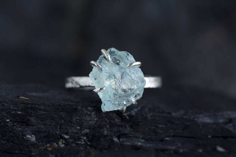 海外代购Aquamarine◇手作复古个性非洲天然海蓝宝石原石订婚戒指