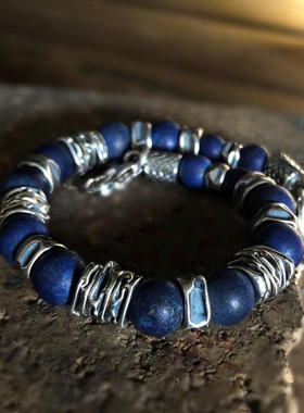波兰代购Lapis◇手作复古天然青金石宝石串珠银珠925纯银男士手链