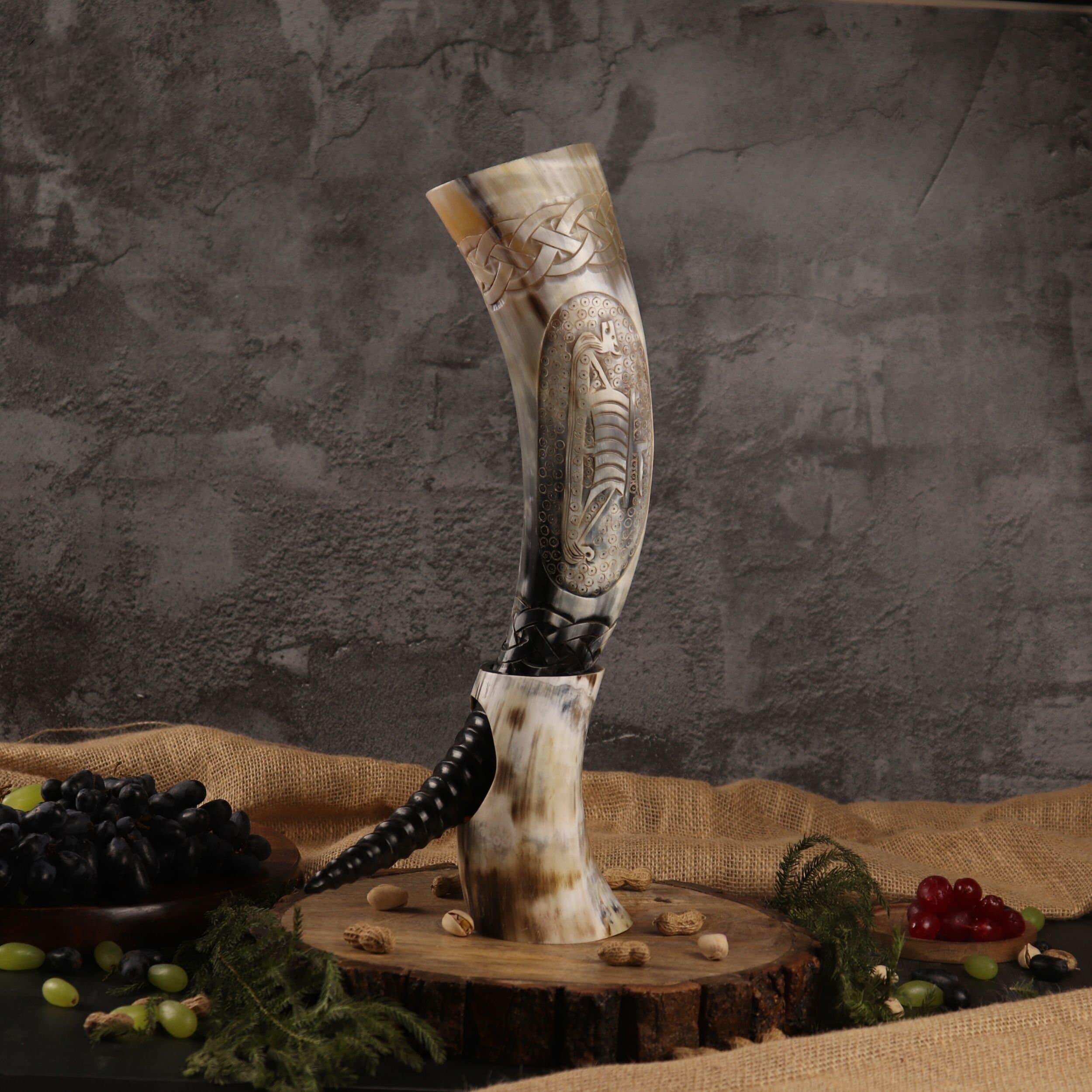 美国代购Viking◇手作北欧维京风雕刻号角喇叭带支架饮水牛角酒杯