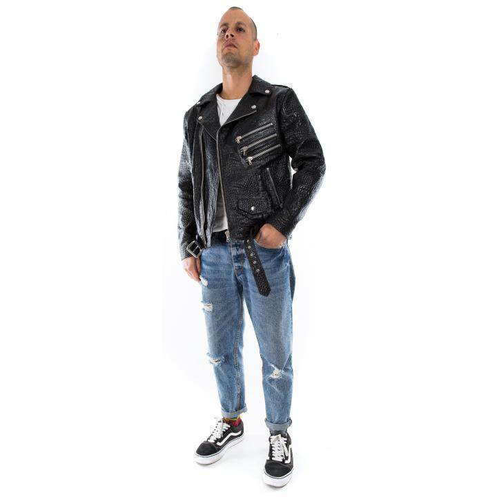意大利代购Biker◇手作修身黑色鳄鱼纹山羊皮男士机车夹克皮衣