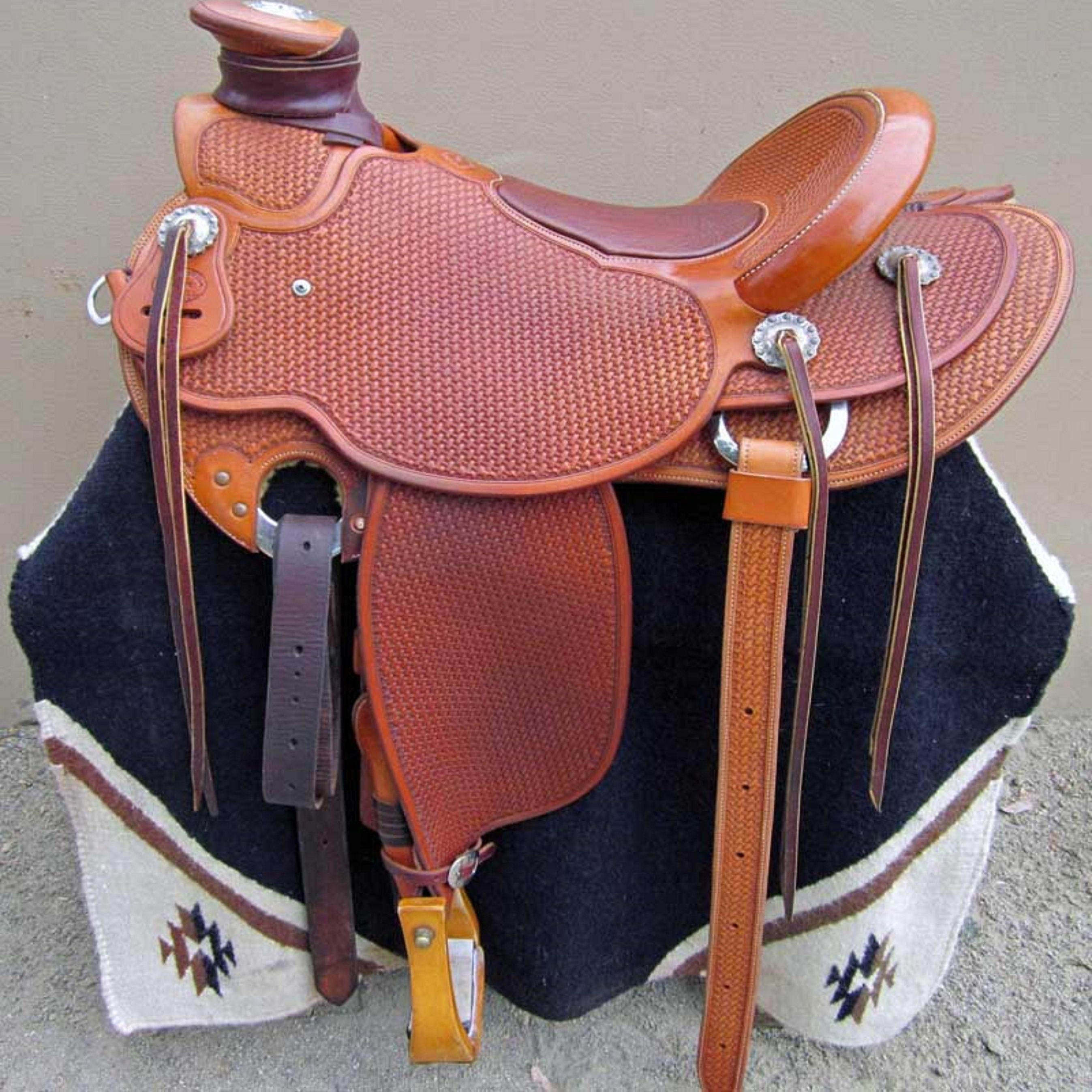 海外代购Saddle◇手作棕色篮式雕花真皮皮革热座木质树形西部马鞍