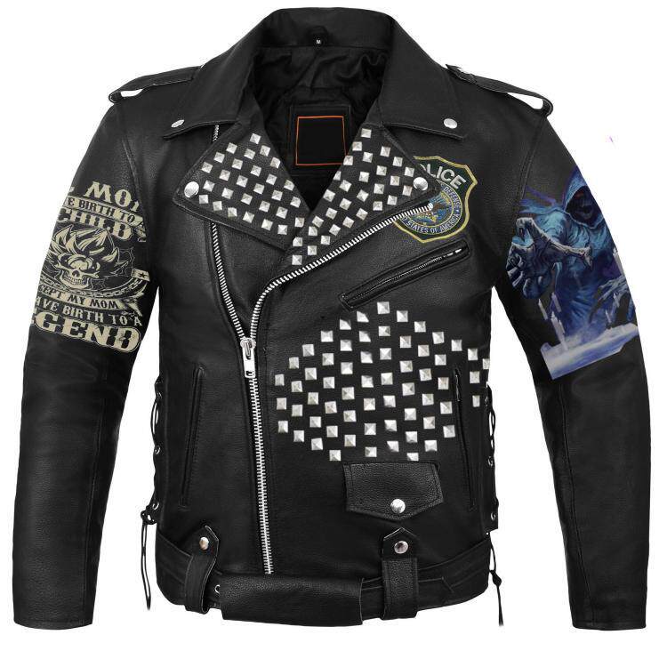 泰国代购Biker◇手作朋克机车铆钉补丁腰带牛皮肩章夹克男士皮衣