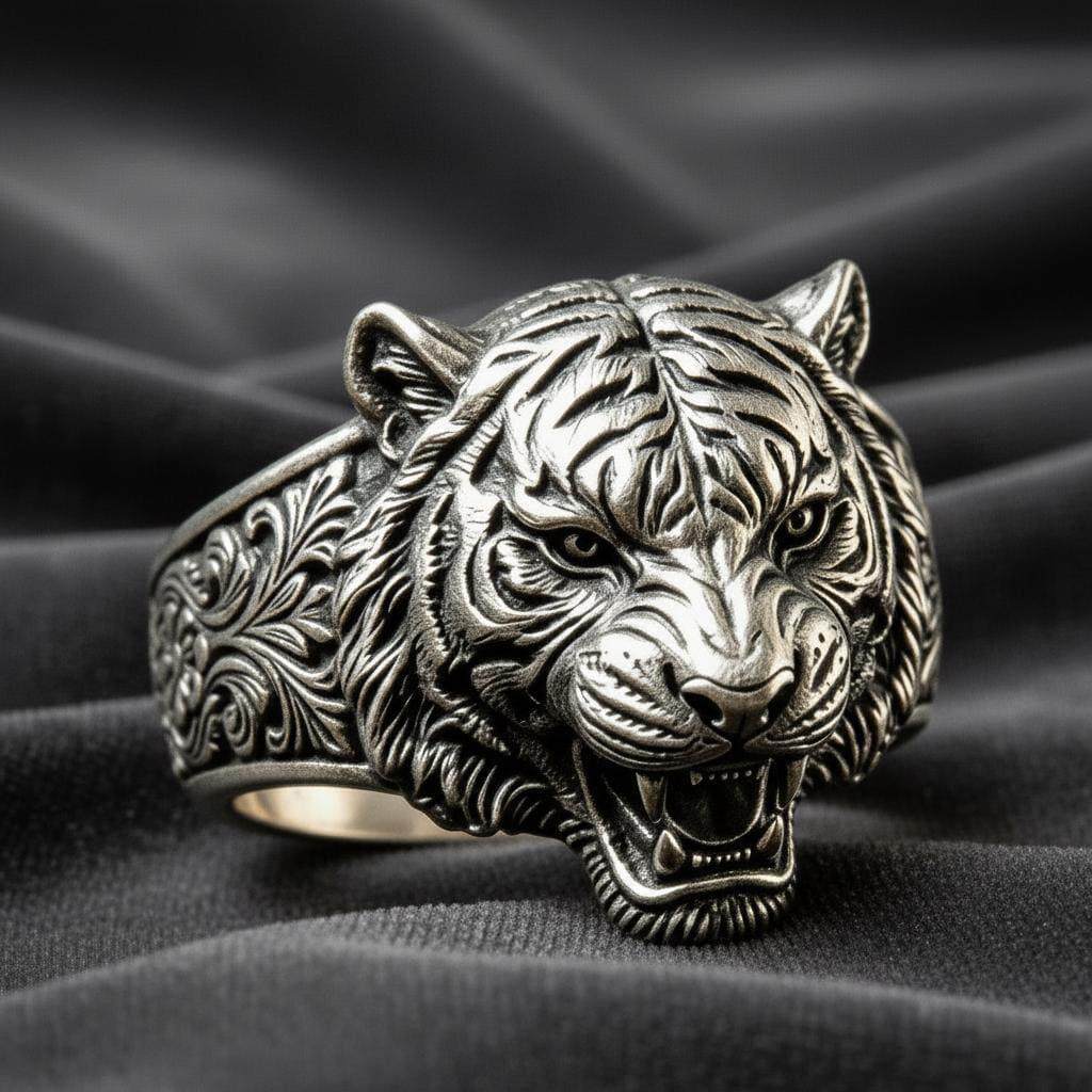 美国代购Tiger▽手作925纯银虎头戒指，刻纹狮吼动物造型宽版指环