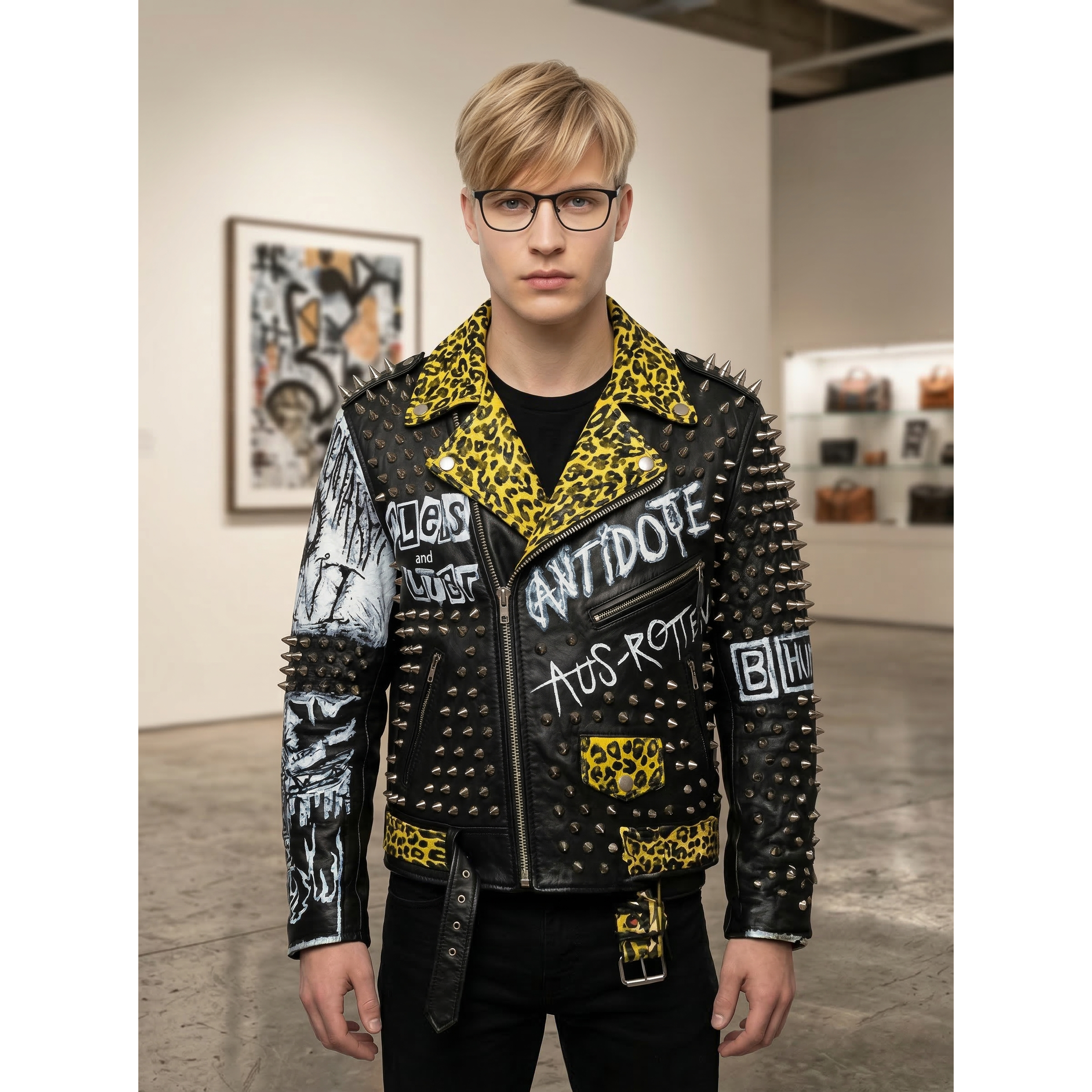 海外代购Punk◇手作男士朋克铆钉手绘涂鸦豹纹铆钉机车夹克皮衣