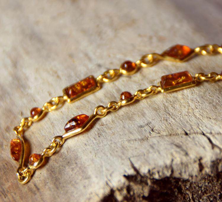 意大利代购Amber◇手作干邑天然波罗的海琥珀纯银镀金女士手链