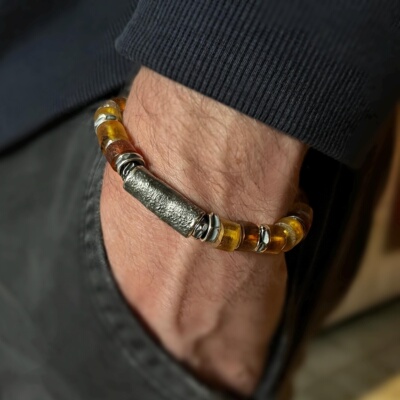 天然琥珀串珠银管银珠纯银手链