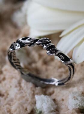 纯银波西米亚复古叶子树枝戒指