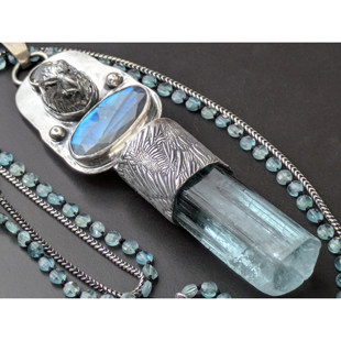 美国代购Pendant㊣ 手作海蓝宝石拉长石黄水晶蓝色托帕石纯银项链