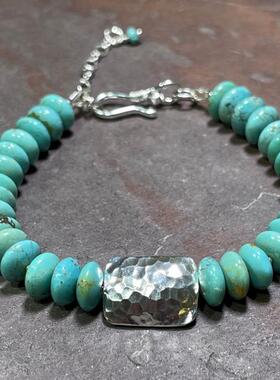 美国代购Bracelet㊣ 手作华丽蓝绿色绿松石串珠矩形氧化纯银手链
