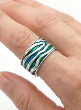 宽版蔚蓝波纹波纹珐琅手工银戒指