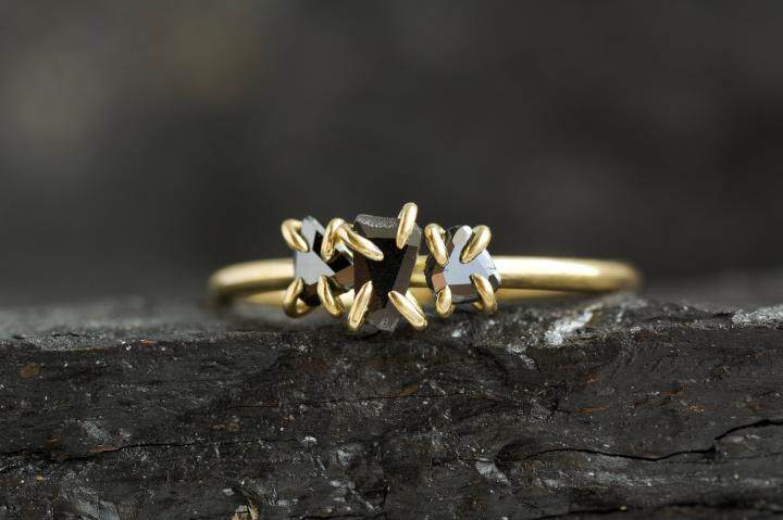 海外代购Diamond◇手作复古精致黑钻钻石原钻18K纯金订婚结婚戒指
